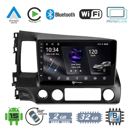Vencore 3236-10006-0242b Android-15-Multimedia-Display 10,1" Px5s Octa-Core 2 GB/32 GB IPS-Frontblende CarPlay Android Auto Unterstützung Für 360°-Kamera Honda Civic 2006–2011 – Schwarz 3236-10006-0242b