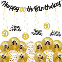 Dekorationsset zum 50. Geburtstag mit Girlande und Luftballons Schwarz Gold 36 Stück