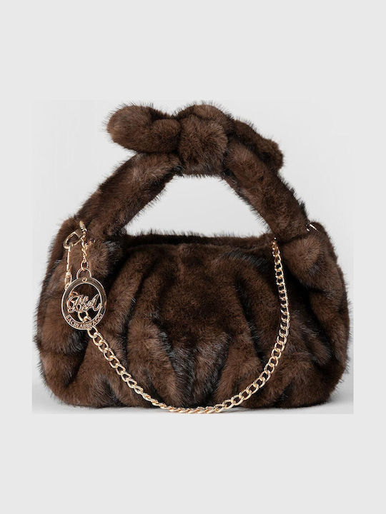 Braune Damenhandtasche aus gestricktem Fellimitat und Stoff