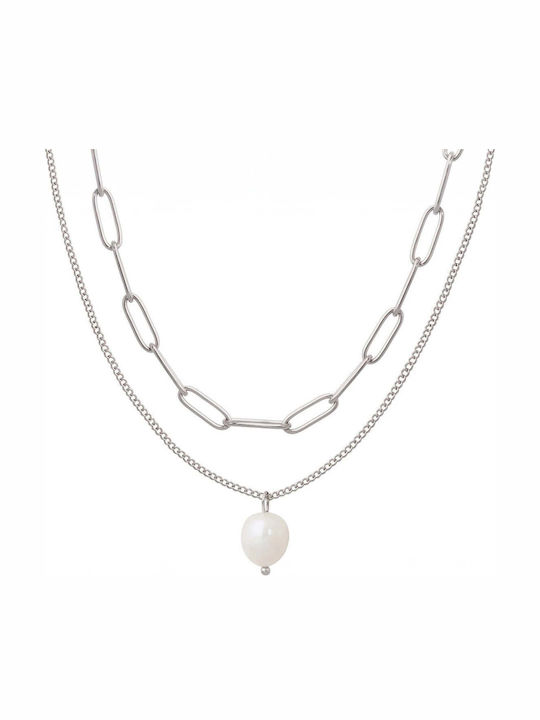 Charmy Double Necklace in Steel with Pearls