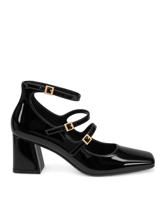 Black Pumps with Strap & Chunky Mid Heel WI-3239-27HH-BLACK