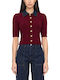 Short Women's Knitted Cardigan with Buttons Burgundy
