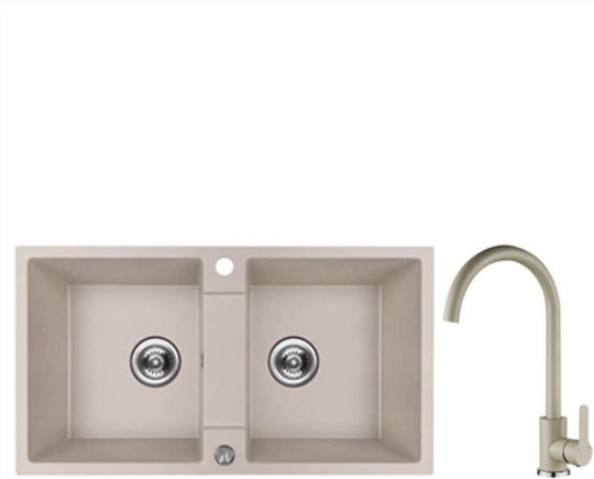 Laveo Einbauspüle aus Flüssiggranit mit Wasserhahn L 44 × B 80 cm Beige 5905358226797