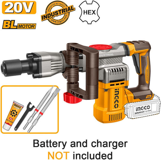 Ingco CDBLI20358 Ciocan Roto-Perforator cu Acumulator, Fără Perii (Brushless), 20 V, Solo, cu Prindere HEX