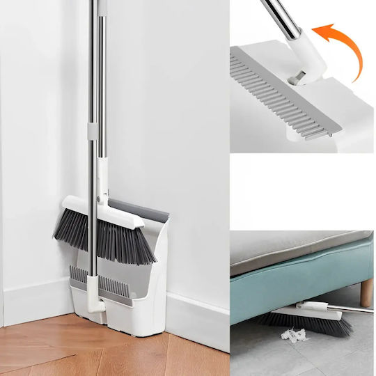 Broom Dustpan Set Foldable Handle Metal Plastic Home Cleaning White Grey