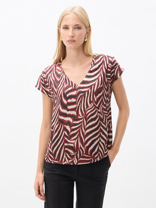 Women's Short-Sleeve Satin Blouse with V-Neck Animal Print Burgundy