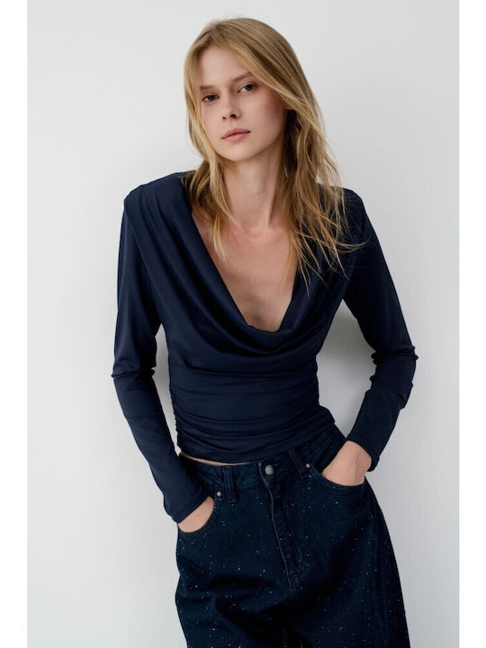 Γυναικεία Μπλούζα Μακρυμάνικη Ντραπέ Dark Blue