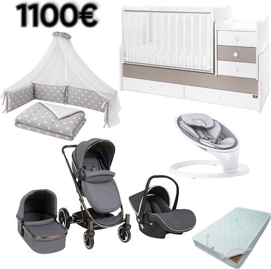 Beboulino Babyzimmer-Set mit Bett, Babybettwäsche & Matratze in Grau / Grau