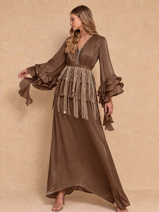 Maxi Βραδινό Φόρεμα Κρουαζέ με Βολάν Brown FW27-5085