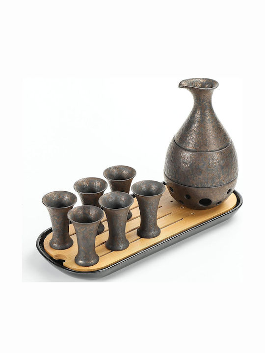 Retro Carafă Ceramică de Servire 12,5 cm cu Pahare Neagră 170 ml 10 buc