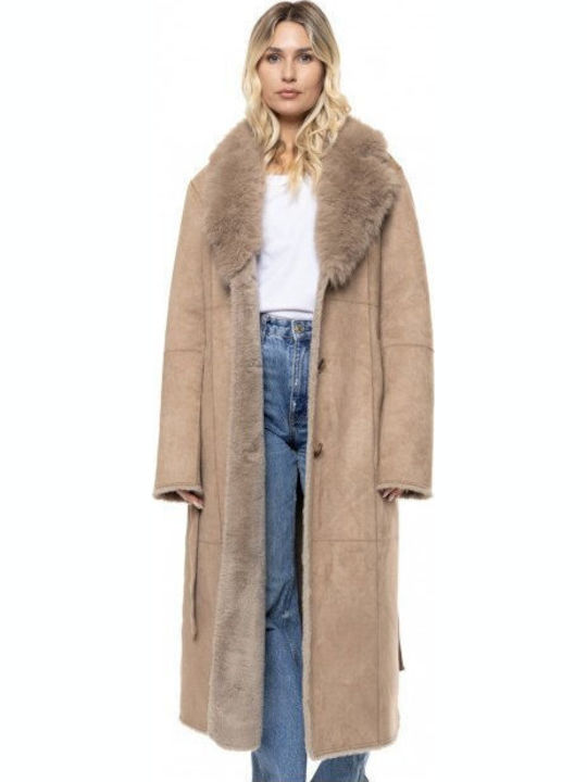 Biston Mouton Women's Coat Beige with Fur Details