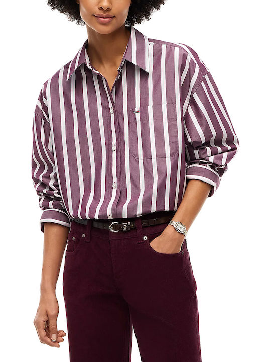 Long Sleeve Women's Cotton Shirt Burgundy Green Pink Striped
