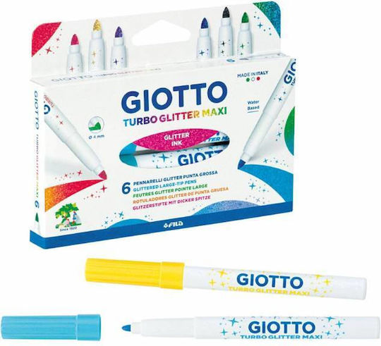 Giotto Water-Based Drawing Markers, Thick, Washable, with Glitter, 6 Colours Set