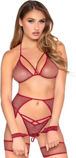 Leg Avenue 89362 Set aus Top + String + Strumpfhaltergürtel + Handschellen, Rot, Einheitsgröße