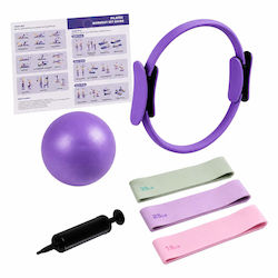 Set Pilates Relaxdays 10054388_51, 6 Piese, Inel Pilates Ø38 Cm, Minge Ø23 Cm, 3 Benzi de Rezistență 15, 25, 35 Lbs (6,8, 11,3, 15,8 Kg), Pompă, Ghid Ilustrat, Violet