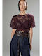 Women's Crop Top with Lace & Mesh Burgundy