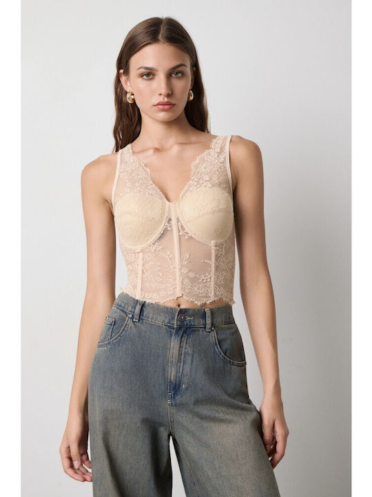 Γυναικείο Crop Top Αμάνικο με V Λαιμόκοψη Powder