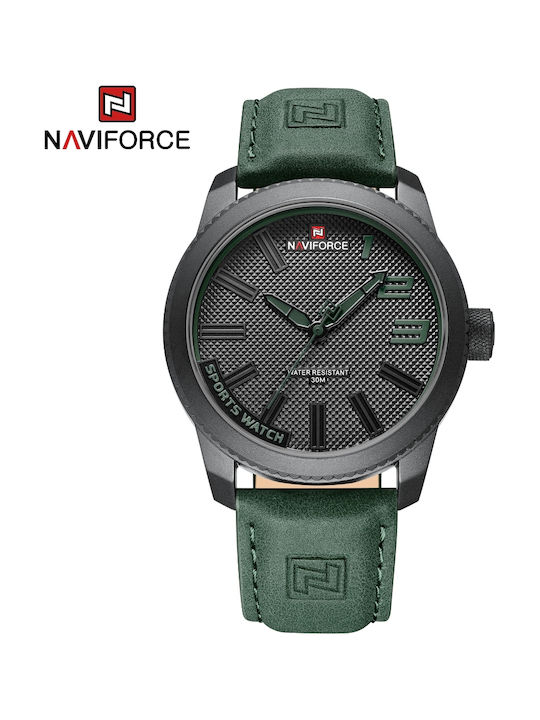Naviforce Men's 46mm Battery-Powered Watch with Black Leather Strap / Green Naviforce Men's 46mm Battery-Powered Watch with Black Leather Strap / Green