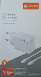 Budi Зарядно Устройство с USB-C Порт и USB-C - USB-C Кабел 25W Бял (TYPE C) Budi Зарядно Устройство с USB-C Порт и USB-C - USB-C Кабел 25W Бял (TYPE C)