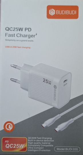 Budi Зарядно Устройство с USB-C Порт и USB-C - USB-C Кабел 25W Бял (TYPE C)