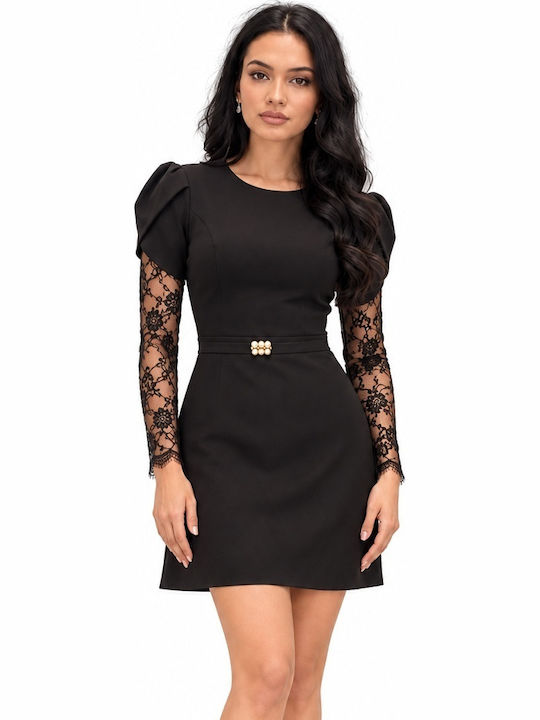 Mini Βραδινό Φόρεμα Σατέν με Δαντέλα Black