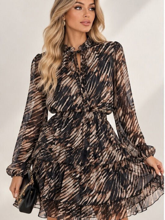 Alina Mini Dress with Ruffles Black/Brown
