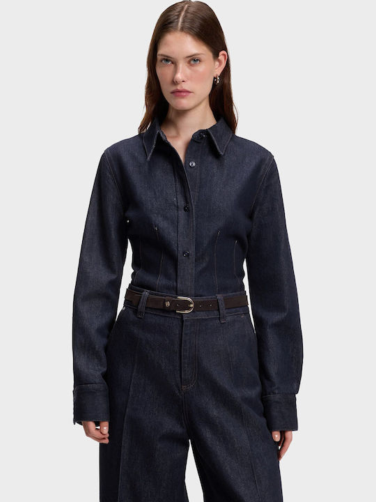 Long Sleeve Women's Denim Shirt Unwashed Denim