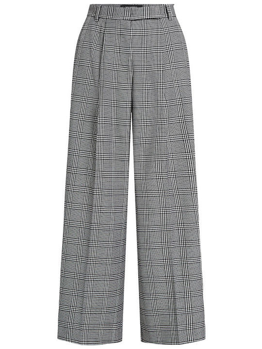 Pantaloni Dama Din Material Cu Talie Înaltă, Croială Dreaptă, În Carouri Alb-Negru
