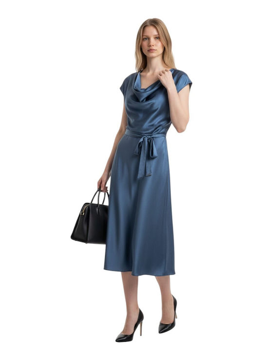 Passager Midi Satin Drape Blue Dress
