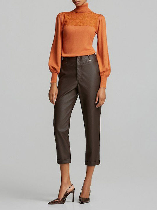 Women's High-Rise Leather Trousers in a Baggy Fit Brown