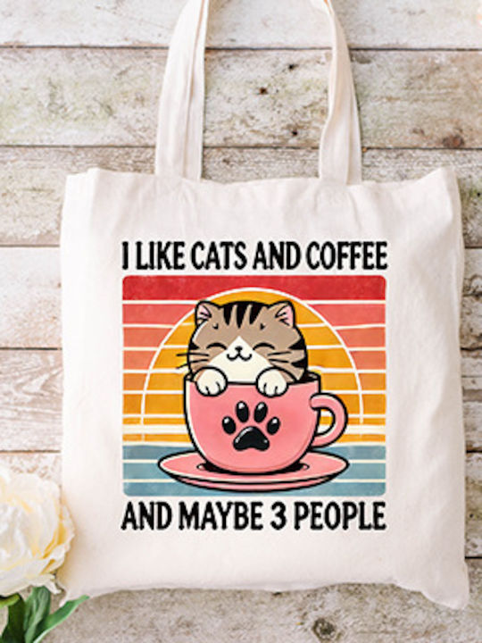 Ecru Fabric Tote Bag Cat Design Ml-08 Dimensions 38x40cm Including Handles 38x70cm