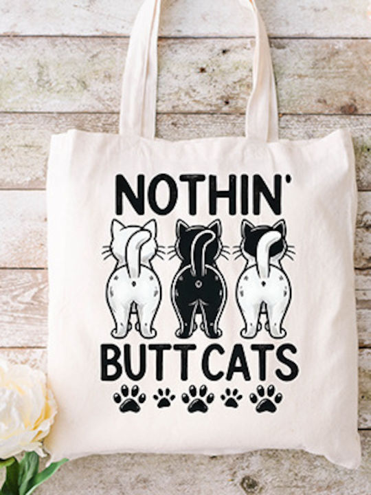 Ecru Fabric Tote Bag Cat Design Ml-15 Dimensions 38x40cm With Handles 38x70cm