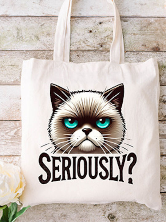 Canvas Fabric Bag Ecru Cat Design Ml-09 Dimensions 38x40cm With Handles 38x70cm