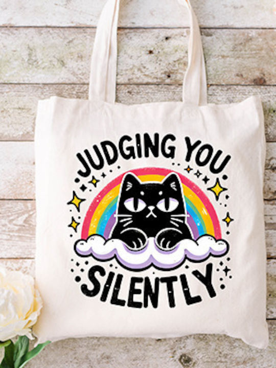 Ecru Fabric Tote Bag Cat Design Ml-02 Dimensions 38x40cm Including Handles 38x70cm