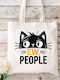 Ecru Fabric Tote Bag Cat Design Ml-04 Dimensions 38x40cm Including Handles 38x70cm