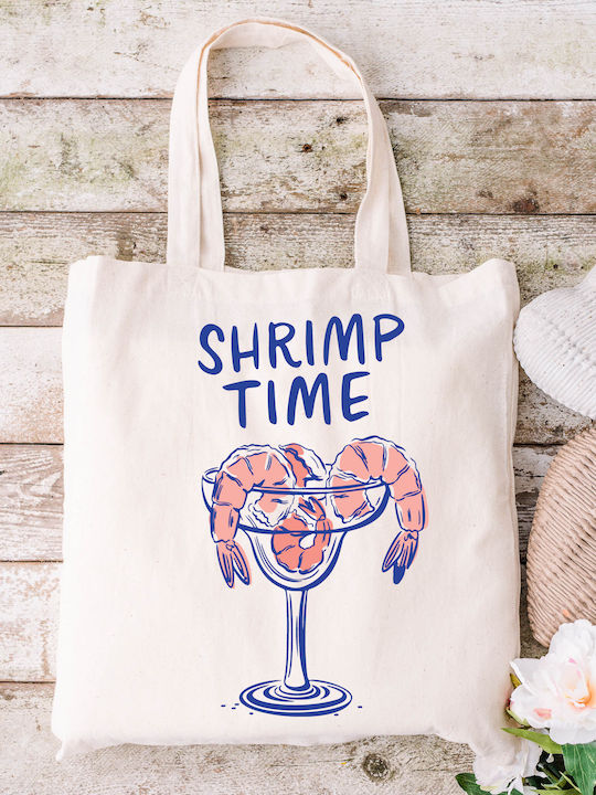 Ecru Fabric Canvas Bag Shrimp Time Design Dimensions 38x40cm Includes Handles 38x70cm