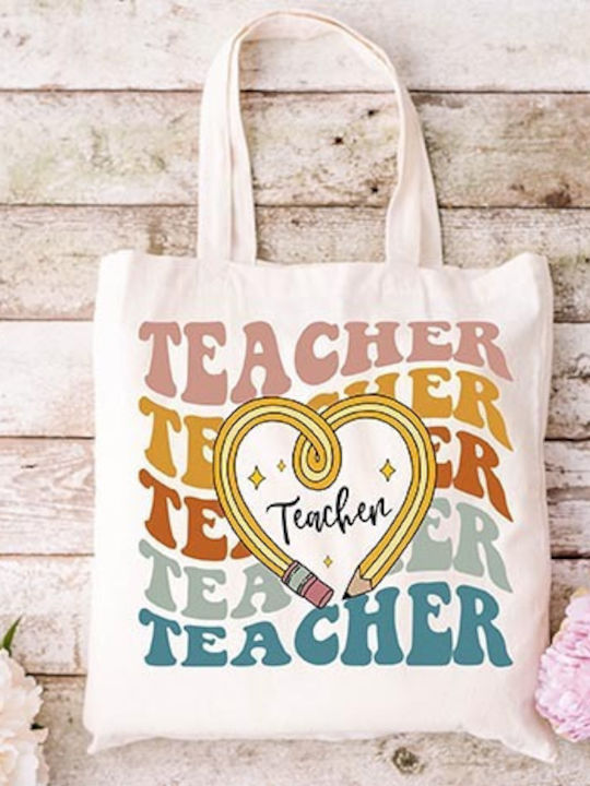 Ecru Fabric Tote Bag Teacher 06 Design Dimensions 38x40cm With Handles 38x70cm