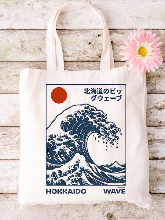 Ecru Canvas Fabric Bag Wave Art Design 01 Dimensions 38x40cm Including 38x70cm Handles