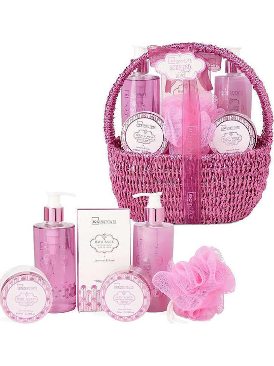 IDC Institute Scented Bath Rose Basket Cherry Blossom Skin Care Set for Body Cleansing 7 Pcs