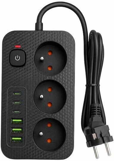 Разклонител с 3 гнезда, 3 USB-A, USB-C, превключвател и кабел 3 м