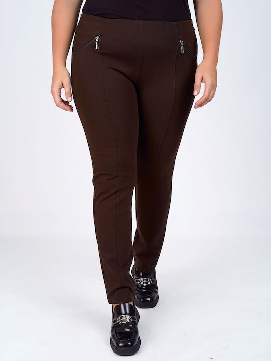 Dina Pantaloni Dama din Material cu Elastic Maro