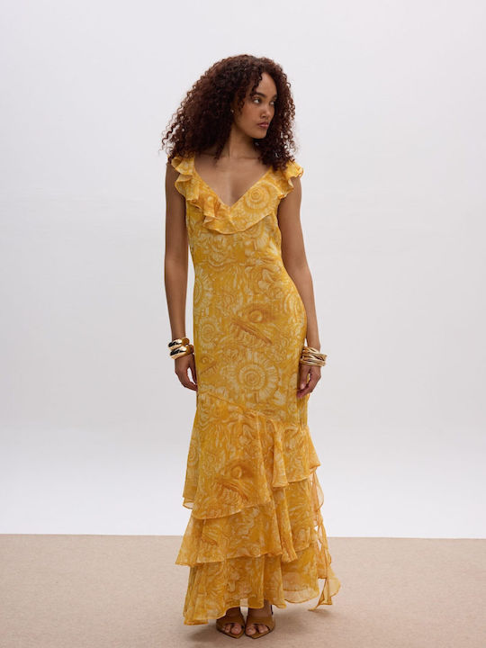 Summer Maxi Evening Dress with Ruffles Yellow