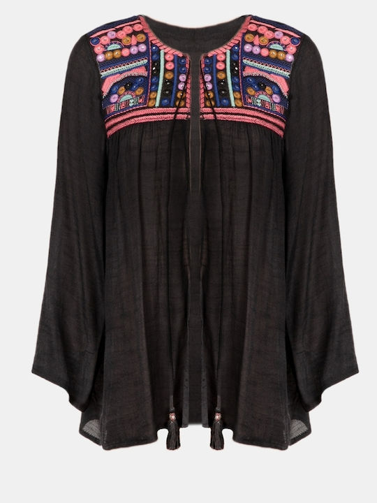 Jachetă Etnică cu Mâneci Lungi Mărimea L XL Neagră