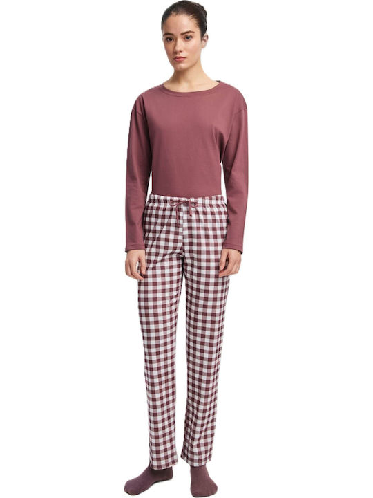 Minerva Pantaloni de pijama de damă pentru iarnă maro și ecru
