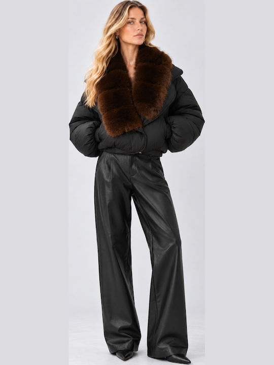 Crop Γυναικείο Puffer Μπουφάν για Χειμώνα Black