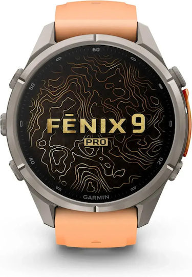 Fenix 9 Pro InReach Titanium 43 мм Водоустойчив смартчасовник с пулсомер (каишка от силикон в цвят Shell Pink/Autumn Orange)