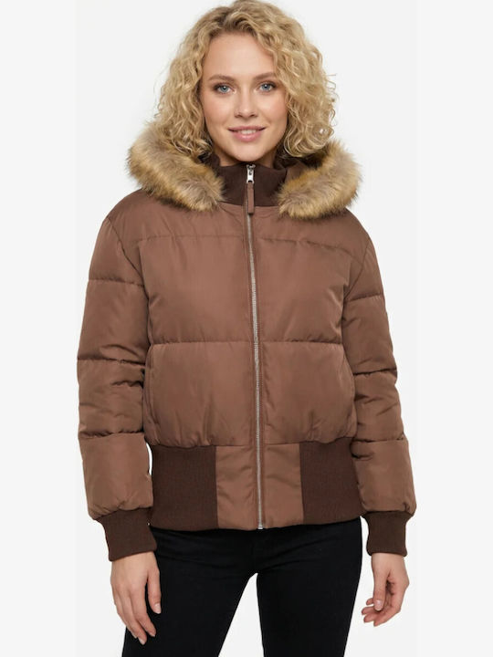 Women's Puffer Jacket with Fur Hood for Winter Brown