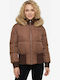 Women's Puffer Jacket with Fur Hood for Winter Brown