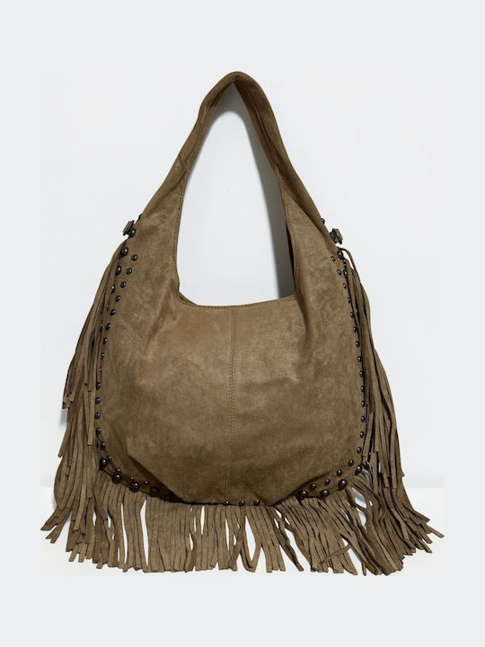 Women's Suede Shoulder Bag with Beige Fringes
