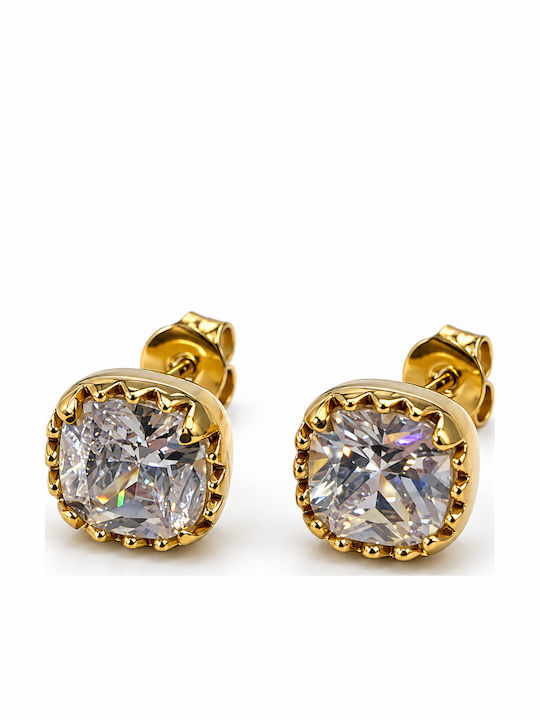 Women's Steel Stud Earrings with Square Stone – Gold Tone